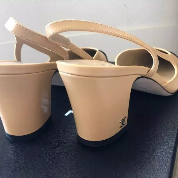 Chanel Beige/Black Goatskin Cap Toe Slingback Pumps - Picture 4 of 7